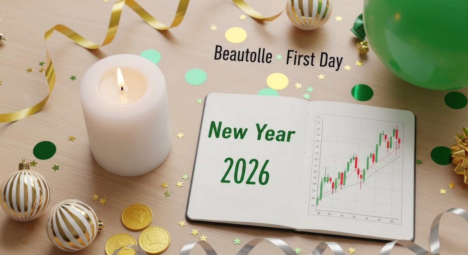 2026 notebook of charts to watch; celebration candles, confetti, ornaments