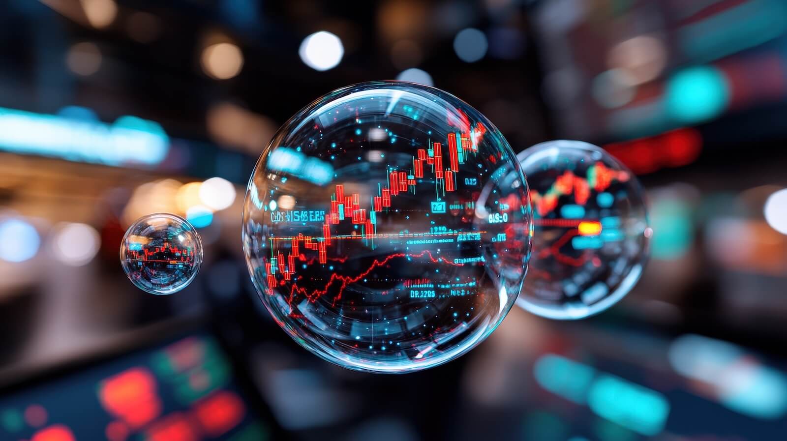 Charts in three bubbles floating around