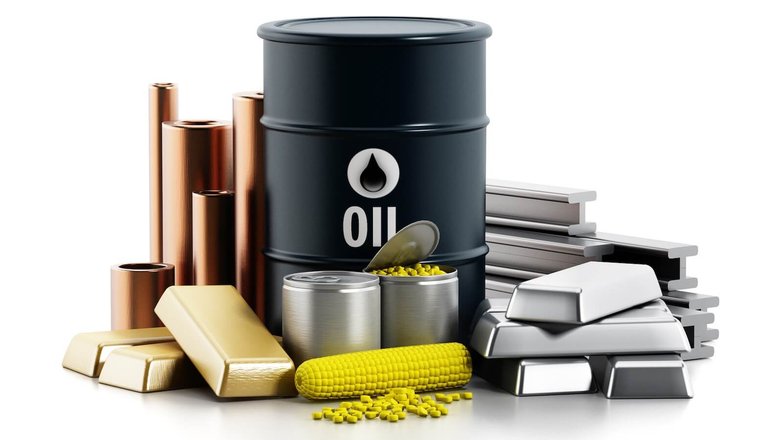 Different commodities: gold, copper, silver, corn, oil