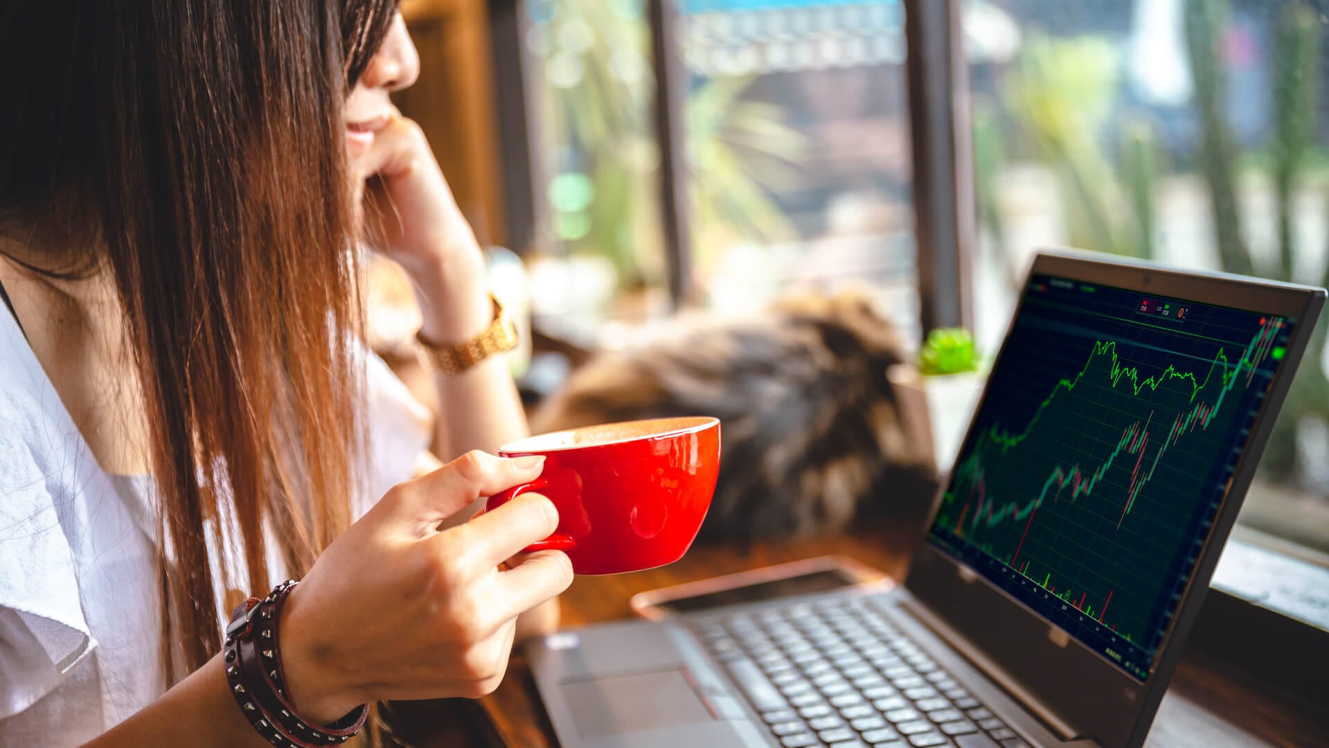 Lady in coffee shop watching stock charts on laptop