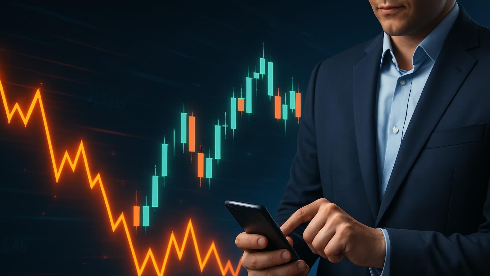 Person looking at cell phone analyzing market with stock market chart moving higher, line chart moving lower
