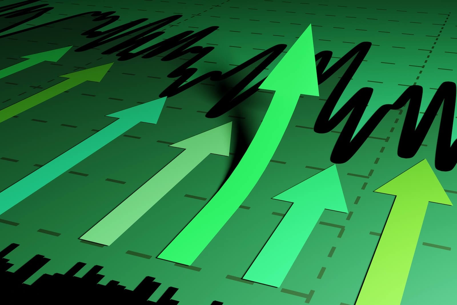 Arrows pointing up stuck to chart with one peeling off above others