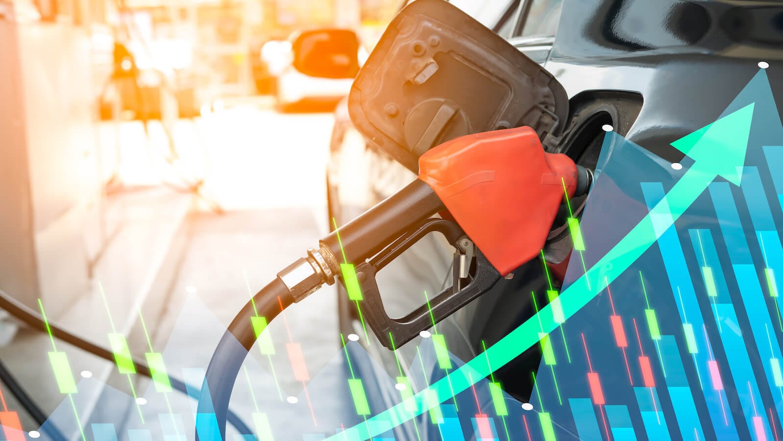 Gas pump with price chart in background pointing higher