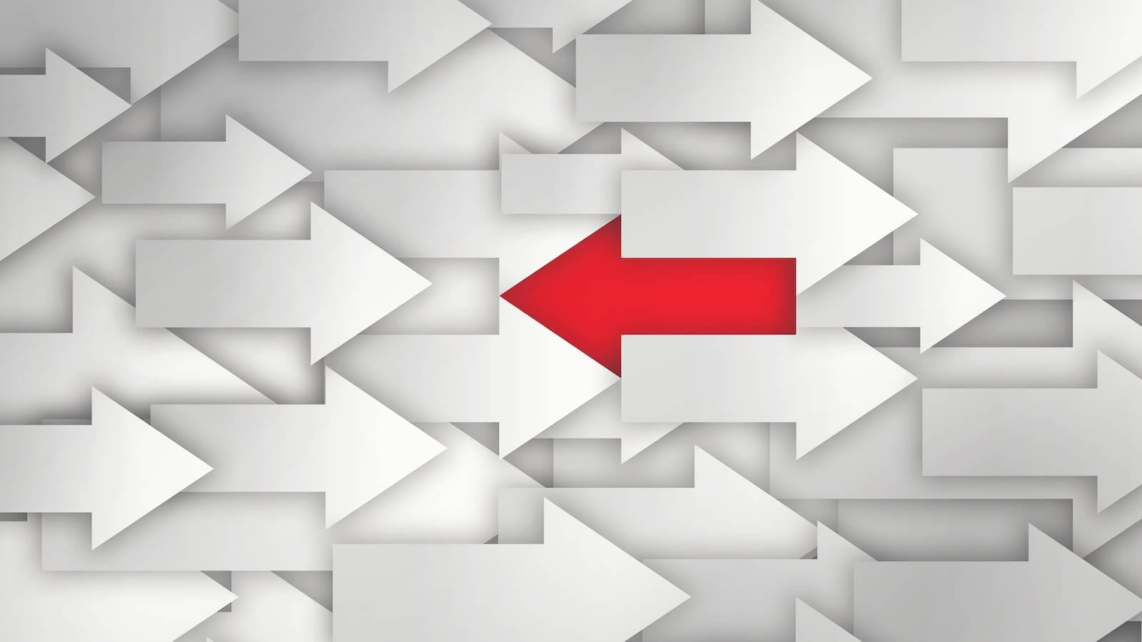 White arrows pointing to the right: one red arrow pointing to the left: Structural shift in stock market